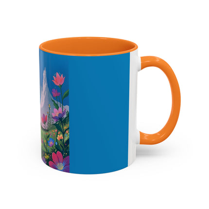 The Lady And The Moonlit Peak Colorful Mugs – Art Deco Alpine Garden Elegance
