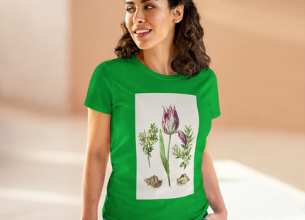 Tulip flower with Two Branches of Myrtle and Shells Cotton Tee