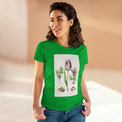 Tulip flower with Two Branches of Myrtle and Shells Cotton Tee