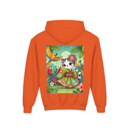 Parrot Dance of the Geisha Kitten Youth Hooded Sweatshirt – Tropical Joy & Whimsical Color