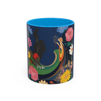The Lady And The Crimson Moonbird Colorful Mugs – Art Deco Whimsical Garden Elegance