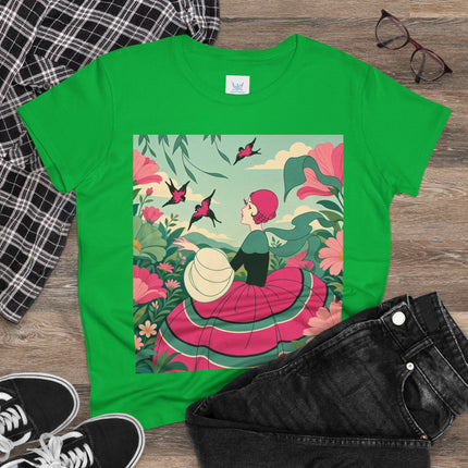 🐦🌺 The Garden Of Flying Birds Cotton Tee – Art Deco Floral Whimsy