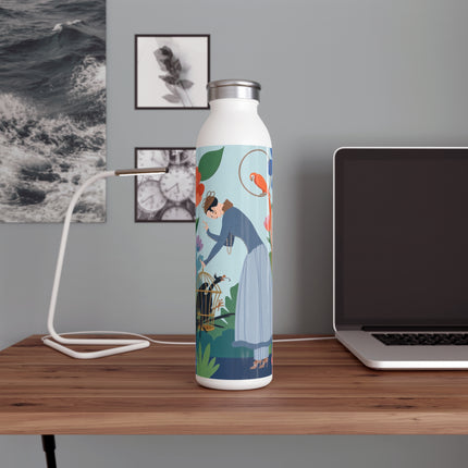 🌺🦜 The Lady Of The Garden Aviary Slim Water Bottle – Art Deco Botanical Whimsy