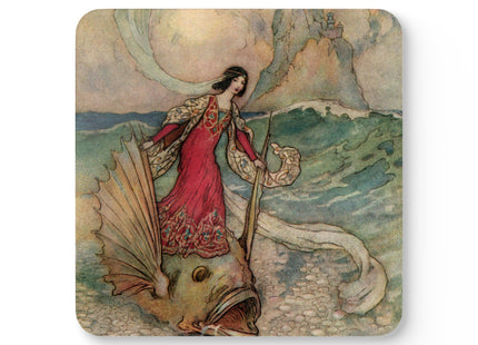 Rita Rides on the Dolphin by Warwick Goble Corkwood Coaster Set