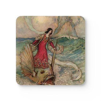 Rita Rides on the Dolphin by Warwick Goble Corkwood Coaster Set