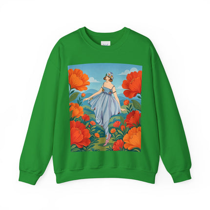 🌺🩵 The Poppy Hill Promenade Crewneck Sweatshirt – Art Deco Fashion Whimsy