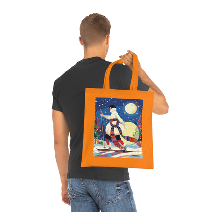 🎿🌙 The Moonlit Christmas Skier Cotton Tote Bag – Art Deco Holiday Adventure