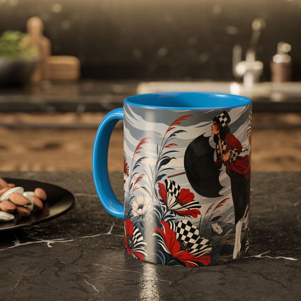 ☔🌹 The Scarlet Checkerboard Rainstorm Colorful Mug – Art Deco Floral Elegance