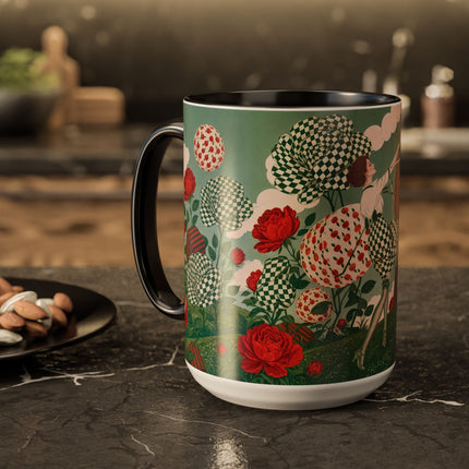🌹💚 The Scarlet Rose Checkerboard Garden Colorful Mug – Art Deco Floral Whimsy