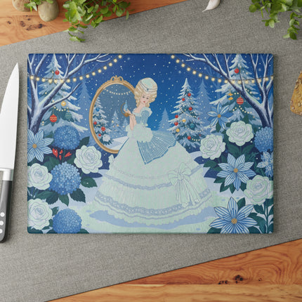 ❄️🌹 The Lady Of The Winter Rose Garden Glass Cutting Board – Art Deco Holiday Elegance