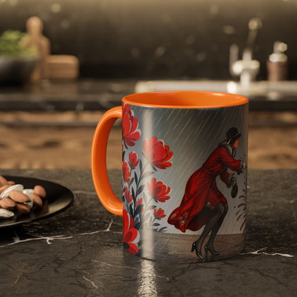 ☔🌹 The Scarlet Rainstorm Promenade Colorful Mug – Art Deco Motoring Elegance