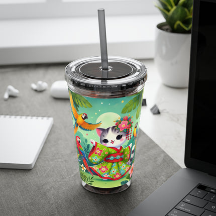 Parrot Dance of the Geisha Kitten Sunsplash Tumbler with Straw, 16oz
