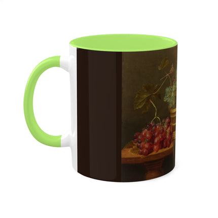 Basket of Grapes and a Pomegranate on a Table by Jacob van Hulsdonck Colorful Mugs, 11oz