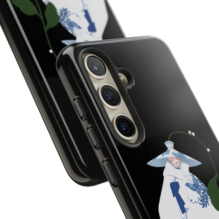 Blue & White Porcelain Geisha Phone Case – Elegant Mystery & Floral Grace