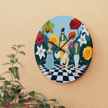 🌺🎩 The Lady And Children Of The Grand Flower Garden Acrylic Wall Clock – Art Deco Fashion Whimsy