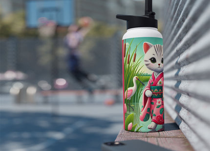 Geisha Kitten Strolls Among the Spoonbills Stainless Steel Water Bottle, Standard Lid