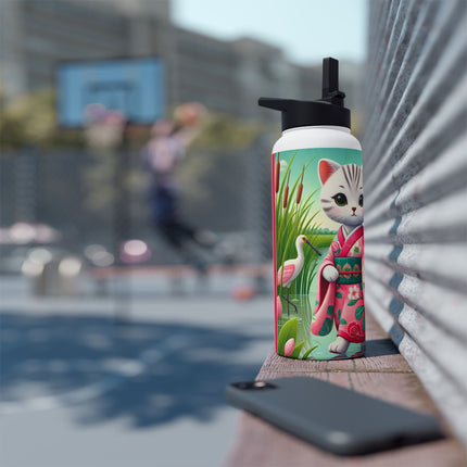 Geisha Kitten Strolls Among the Spoonbills Stainless Steel Water Bottle, Standard Lid