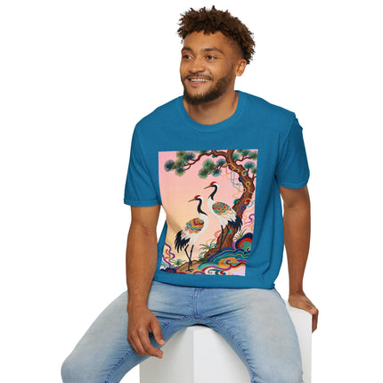 🐦🌸 The Enchanted Crane Garden Softstyle T-Shirt – Oriental Elegance & Colorful Harmony