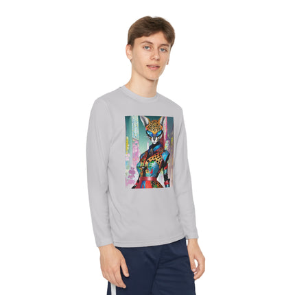 Cyber Cat Glamour Youth Long Sleeve Competitor Tee – Neon Elegance & Futuristic Style