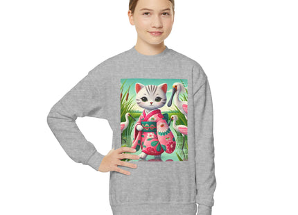 Geisha Kitten Strolls Among the Spoonbills Youth Crewneck Sweatshirt