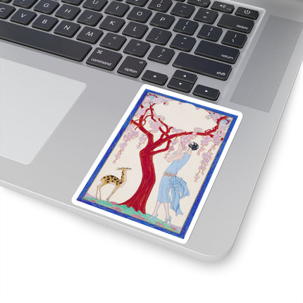 Woman, Fawn, and Red Tree by George Barbier Kiss-Cut Stickers (4 Sizes)