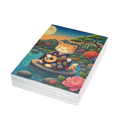 🌕🎸 The Moonlight Koi Serenade Kitten Greeting Card – Whimsical Japanese Garden