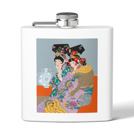Two Geishas in Peacock Kimonos Flask – Timeless Elegance & Sisterly Grace