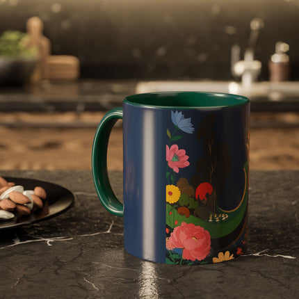 The Lady And The Crimson Moonbird Colorful Mugs – Art Deco Whimsical Garden Elegance