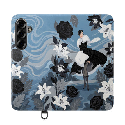 🖤🤍 The Lady Of The Black Rose Garden Flip Case – Art Deco Floral Elegance