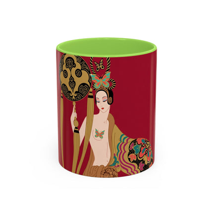 Butterfly Empress of the Crimson Pavilion Colorful Mug (11oz, 15oz) – Art Deco Beauty, Butterfly Elegance & Ornamental Style