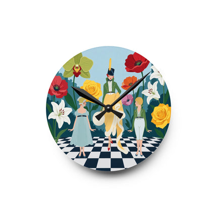 🌺🎩 The Lady And Children Of The Grand Flower Garden Acrylic Wall Clock – Art Deco Fashion Whimsy