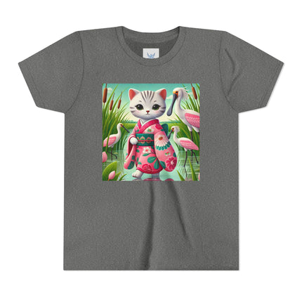 Geisha Kitten Strolls Among the Spoonbills Youth Short Sleeve Tee