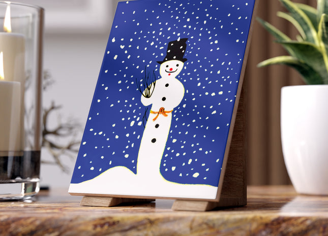 Snowman in Falling Snow Ceramic Tile