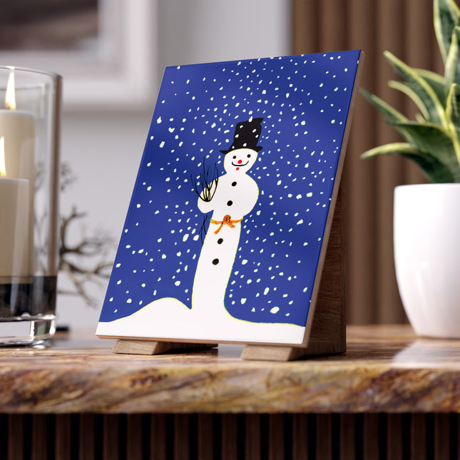 Snowman in Falling Snow Ceramic Tile