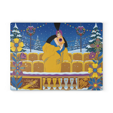🎭❄️ The Lady Of The Snowbound Theatre Glass Cutting Board – Art Deco Holiday Elegance