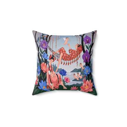 🌸🪽 The Garden Of Little Cupids Square Pillow – Art Deco Floral Fantasy