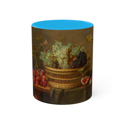 Basket of Grapes and a Pomegranate on a Table by Jacob van Hulsdonck Colorful Mugs, 11oz