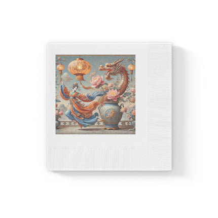 Golden Dragon & Lantern Lady White Coined Napkins – Imperial Dragon & Elegant Harmony