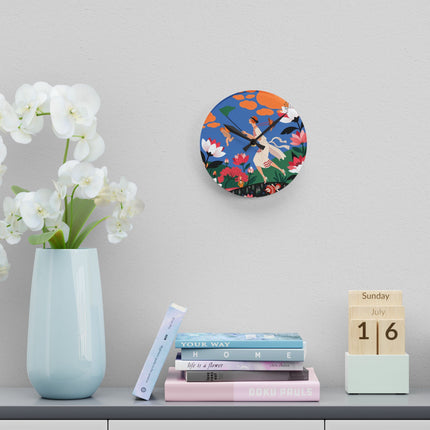 🌸🪽 The Lady Chasing Cupid Acrylic Wall Clock – Art Deco Garden Whimsy