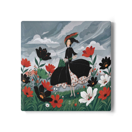 🌧️🌺 The Stormy Flower Walk Ceramic Coaster – Art Deco Floral Fashion
