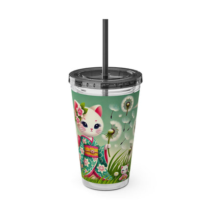 Geisha Kitten and the Dandelion Wish Sunsplash Tumbler with Straw, 16oz