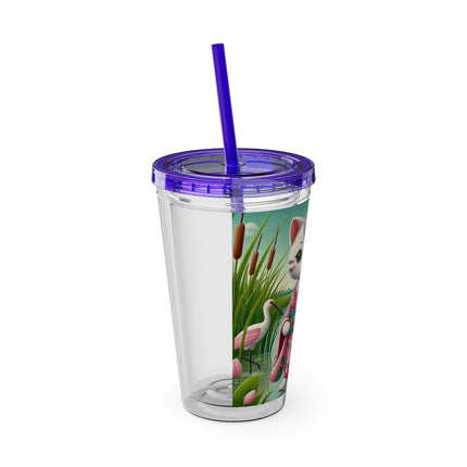 Geisha Kitten Strolls Among the Spoonbills Sunsplash Tumbler with Straw, 16oz