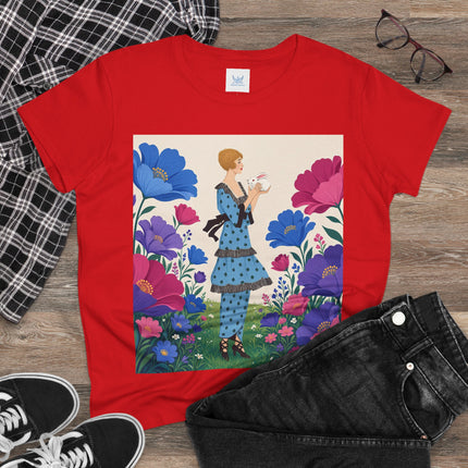 🐇🌺 The Little Rabbit Garden Cotton Tee – Art Deco Floral Whimsy