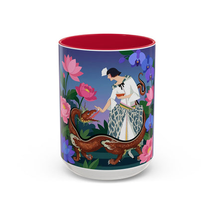 The Lady And The Garden Dragon Colorful Mugs – Art Deco Mythical Botanical Elegance