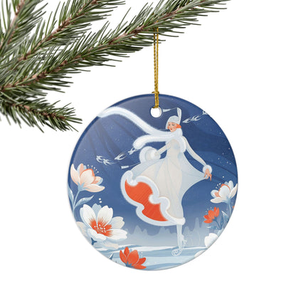 ❄️⛸️ The Winter Skater’s Flight Ceramic Ornament – Art Deco Floral Fantasy