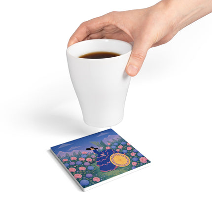 🌸☂️ The Lady Of The Flower Garden Parasol Ceramic Coaster – Art Deco Garden Elegance