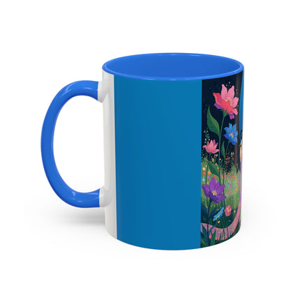 The Lady And The Moonlit Peak Colorful Mugs – Art Deco Alpine Garden Elegance