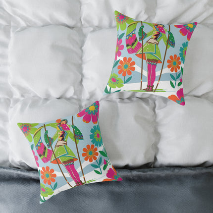 🌸⛷️ The Winter Flower Adventurer Square Pillow – Colorful Winter Ski Fantasy