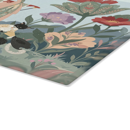 🌸🐈 The Lady And Puss In Boots Glass Cutting Board – Art Deco Floral Fashion Fantasy