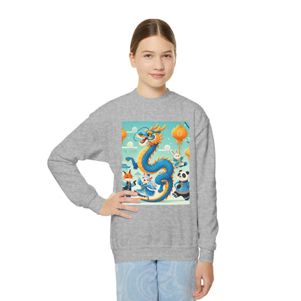 Blue & Gold Dragon Festival Parade Youth Crewneck Sweatshirt – Celebration, Color & Joyful Movement